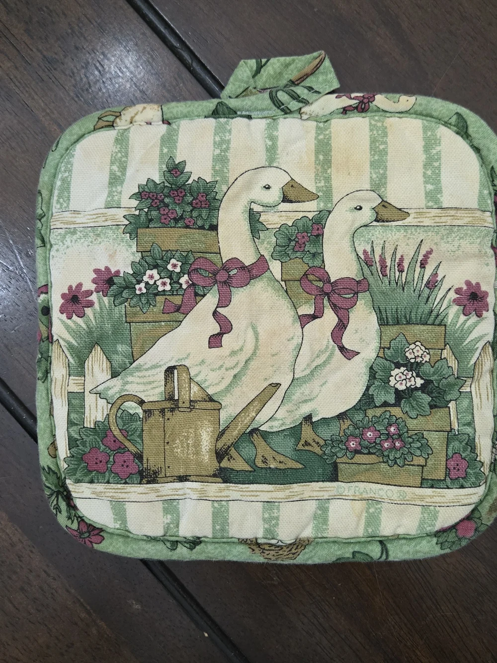 Duck Print Potholders with Garden Motif - Green, Pink, Cream
